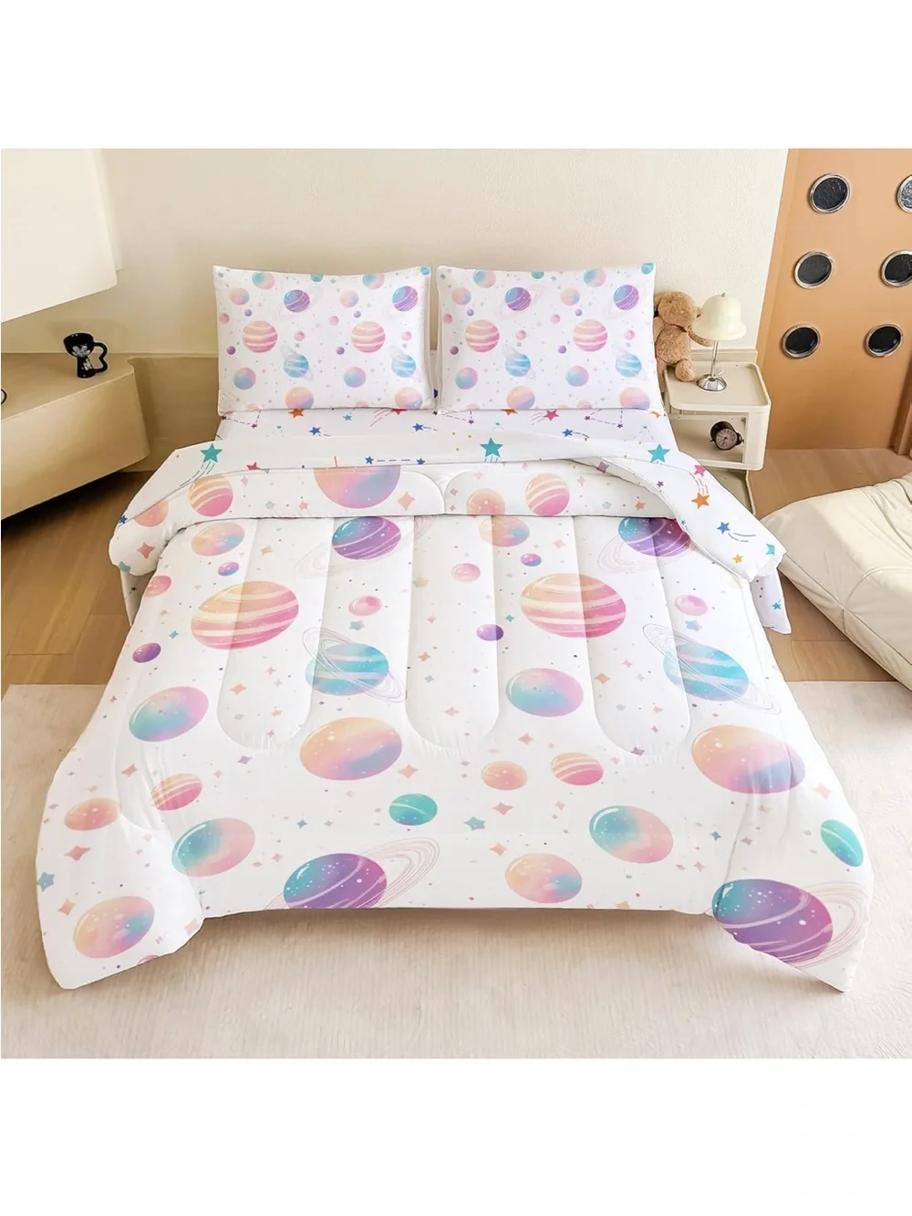 Full Space Bedding Set - 5 Piece Rocket Planet Comforter with Deep-Pocket Sheet